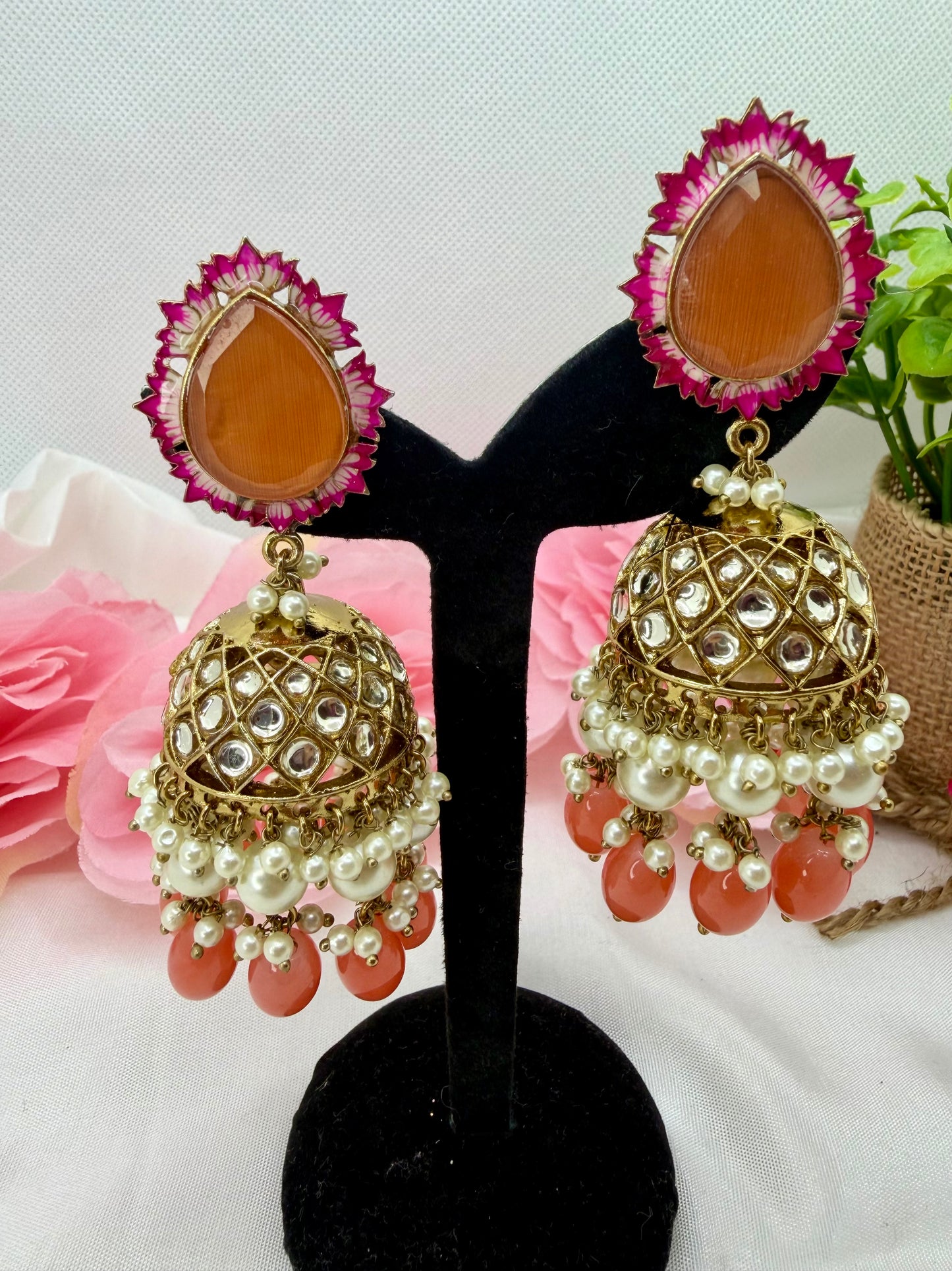 Kundan Peachy Pearl Jhumkas