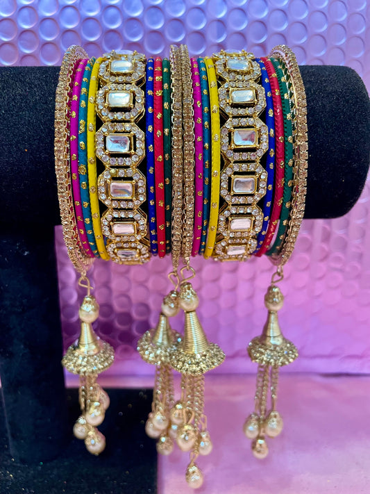 Multicoloured Gold Zirconia Hanging Metal Bangles Set