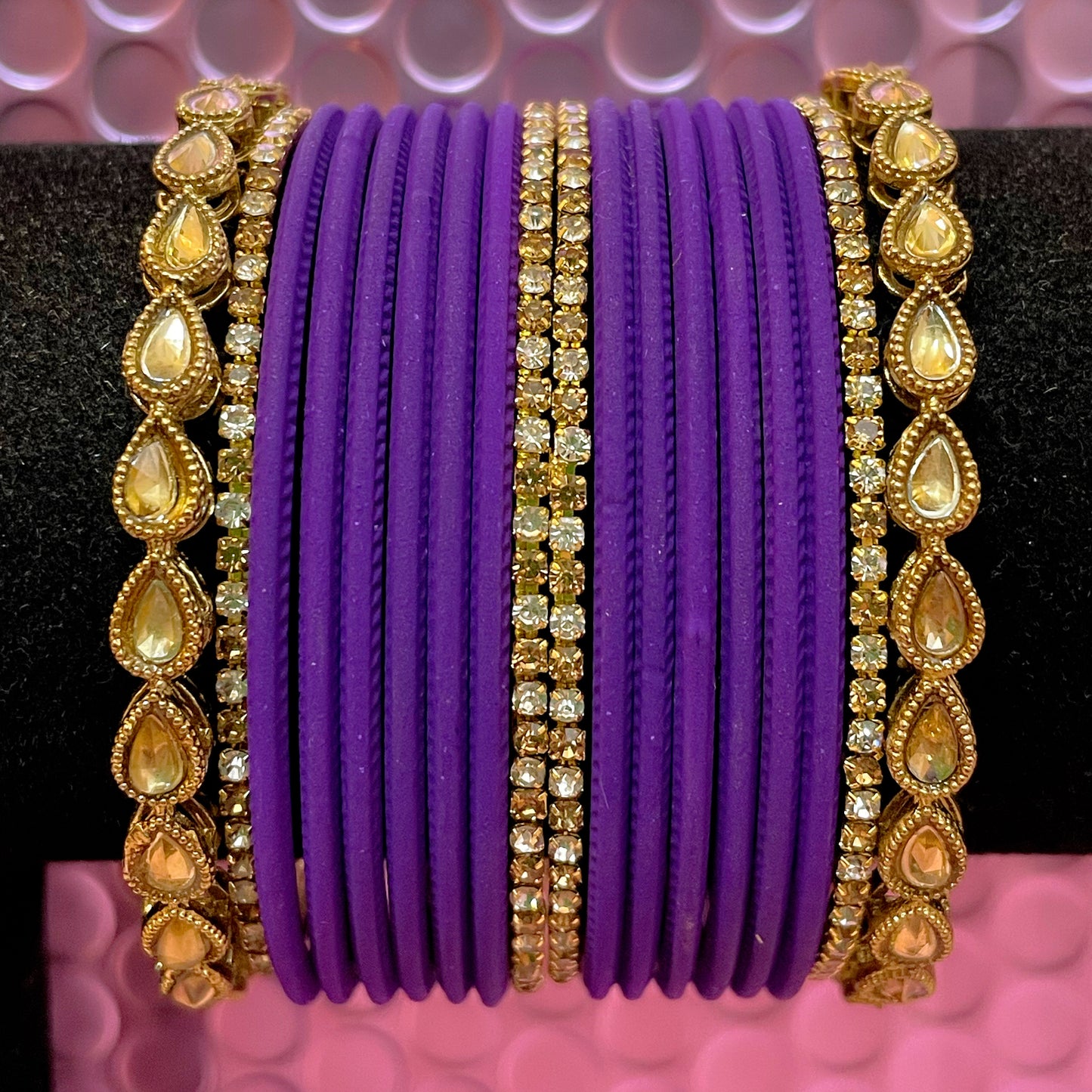 Kundan Zirconia Metal Bangles Set- Various Colours