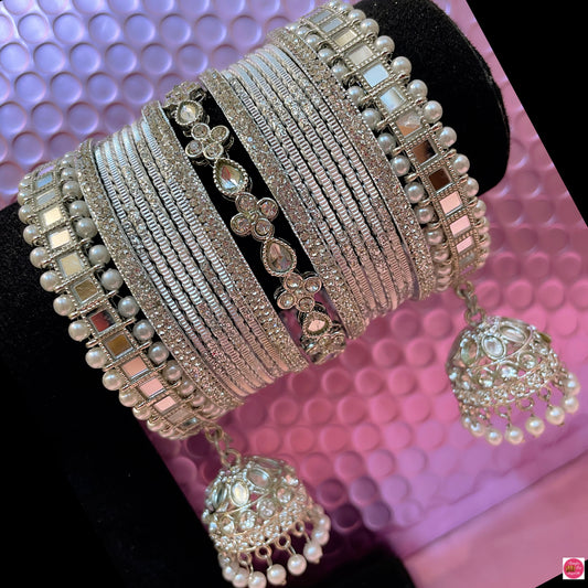 Silver Kundan Hanging Metal Bangles Set