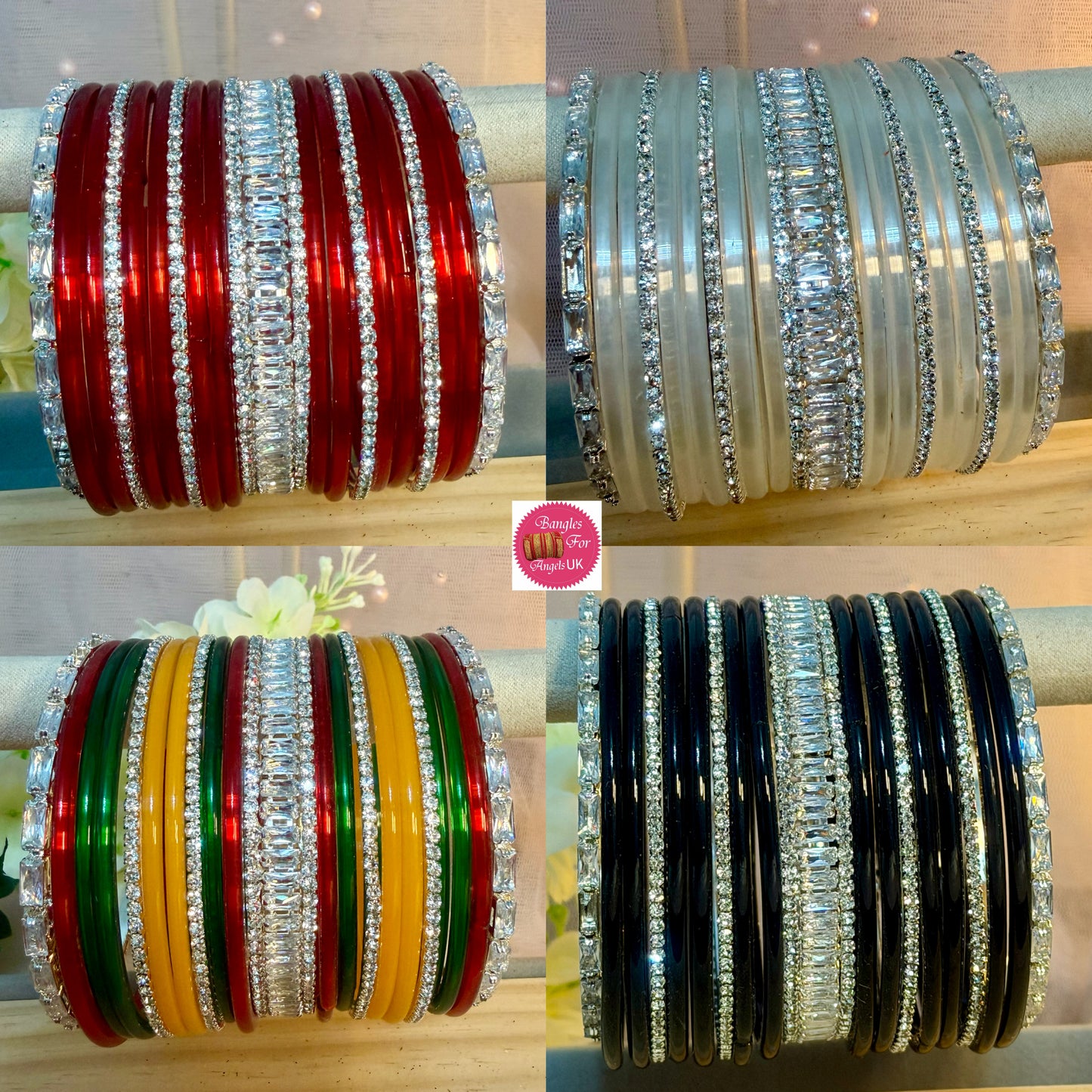 Silver Stone Glass Bangles Sets in various colors