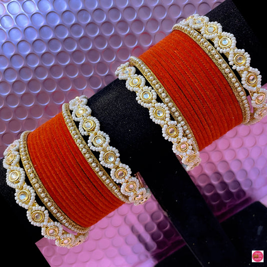 Gold Pearl Metal Bangles Set- Orange