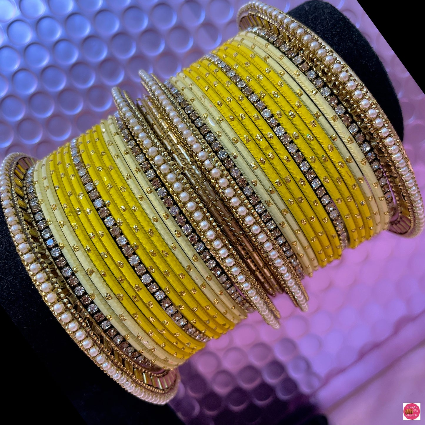 Pearl Zirconia Yellow Metal Bangles Set- Size 2.10