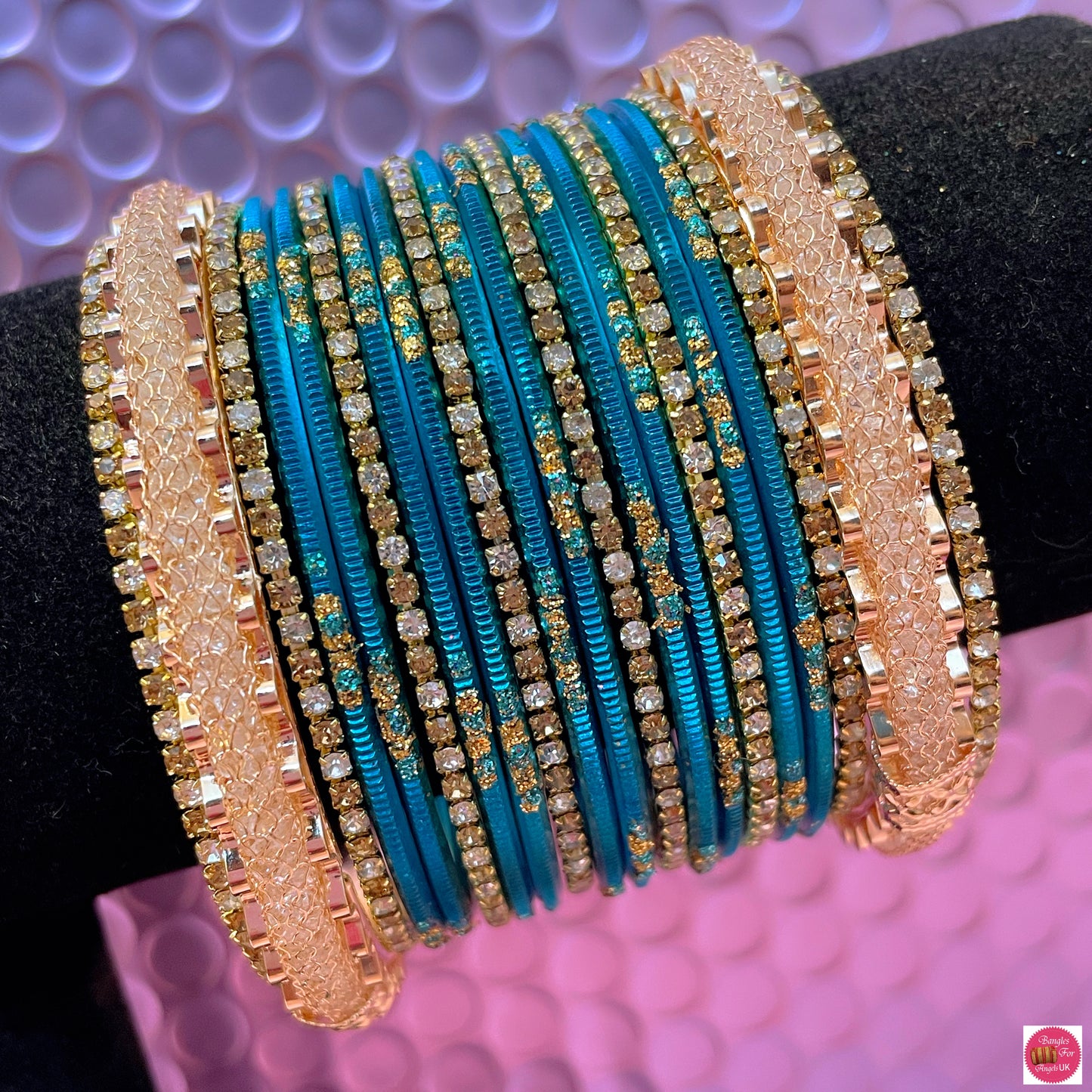 Gold Zirconia Metal Bangles Set- Teal