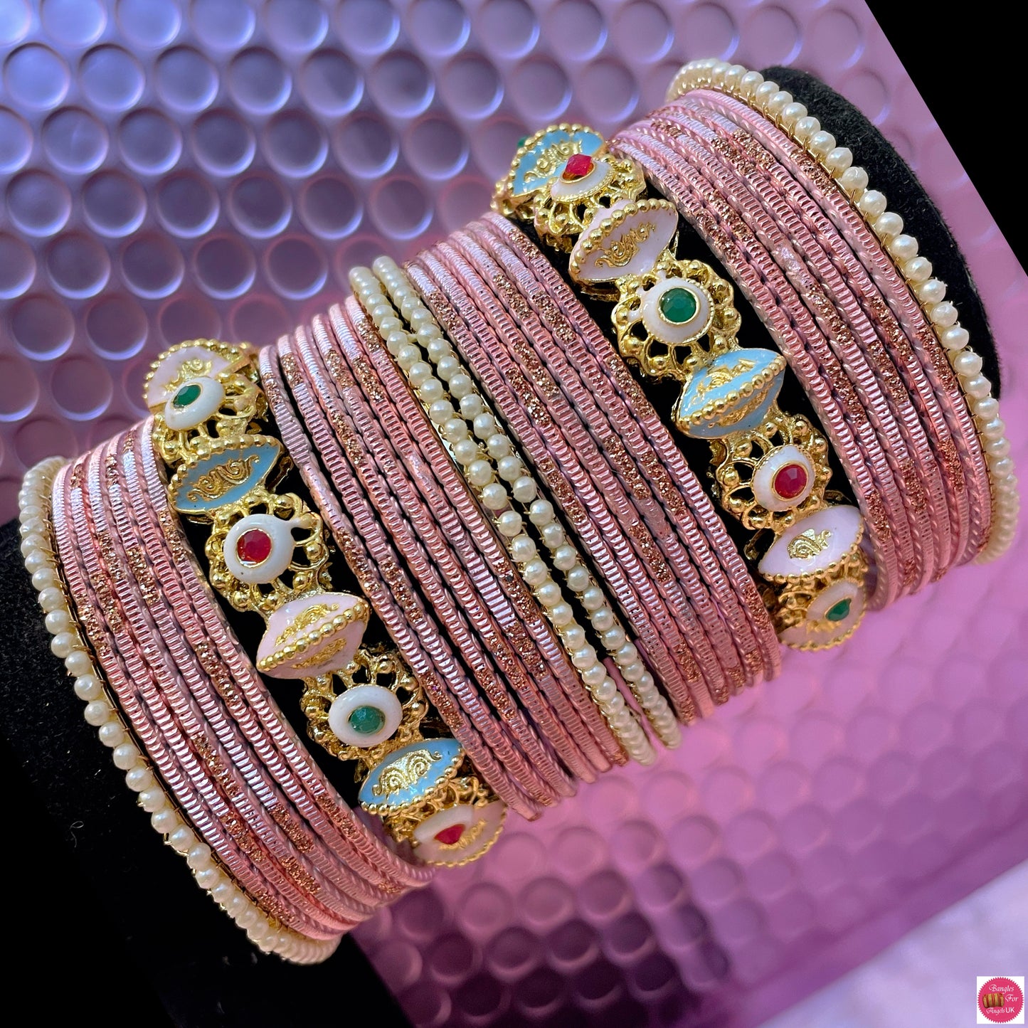 Pearl Metal Bangles Set- Peachy Pink