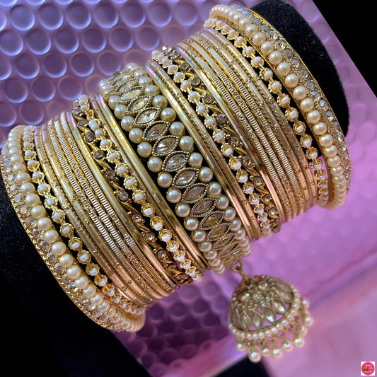 Kundan Pearl Gold Hanging Metal Bangles Set