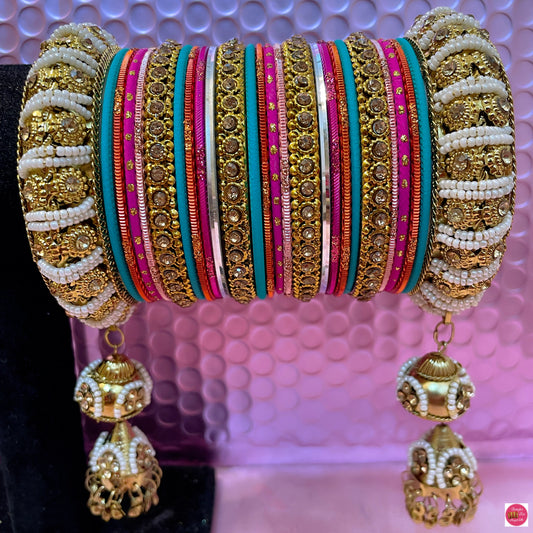 Multicoloured Gold Pearl Hanging Metal Bangles Set