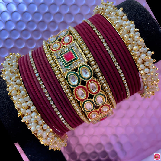 Kundan Pearl Maroon Metal Bangles Set