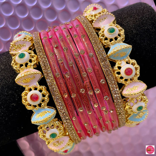 Gold Pink Glass Bangles Set