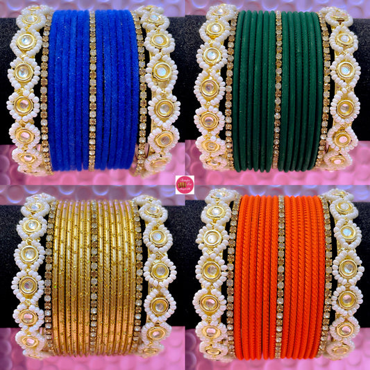 Pearl Zirconia Metal Bangles Set- Various Colours