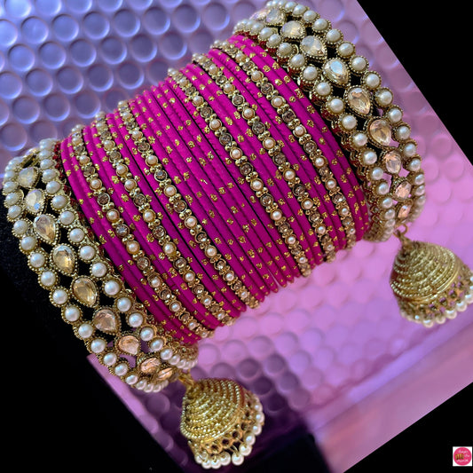 Kundan Pearl Gold Hanging Metal Bangles Set- Hot Pink