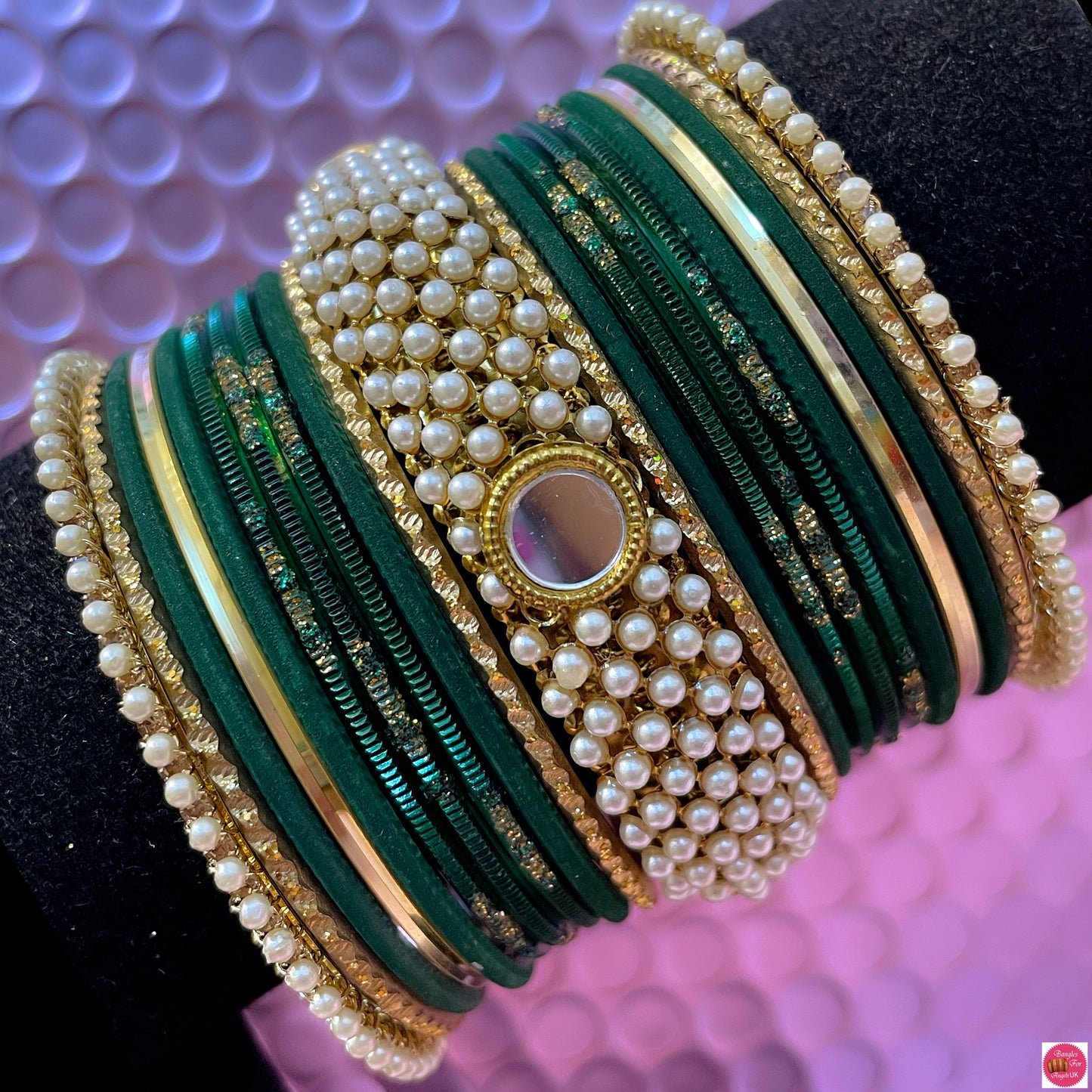 Gold Pearl Metal Bangles Set- Green