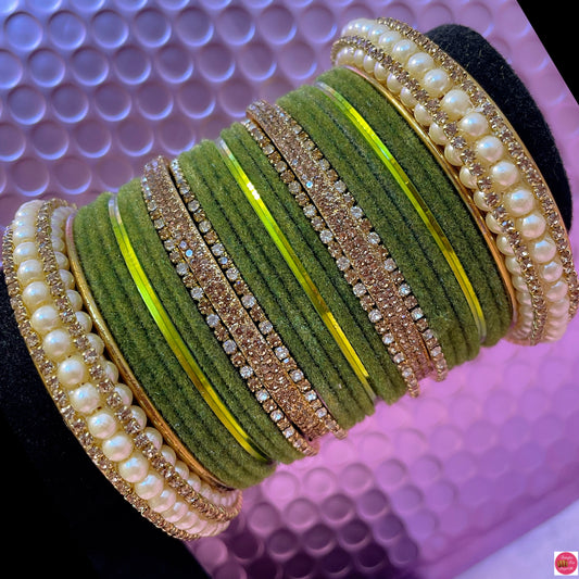 Pearl Zirconia Metal Bangles Set- Mehendi Green