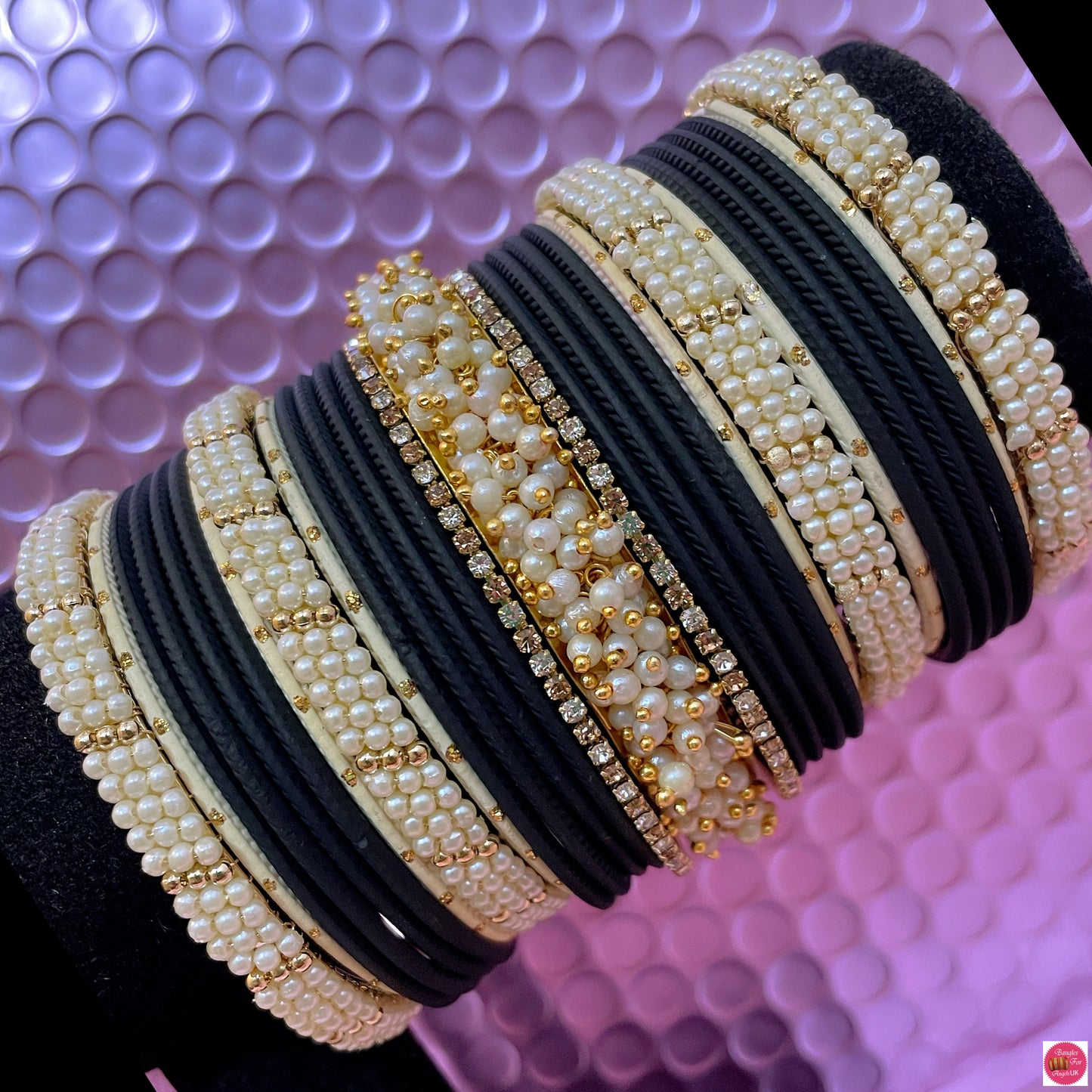 Gold Pearl Zirconia Metal Bangles Sets- Various Colours