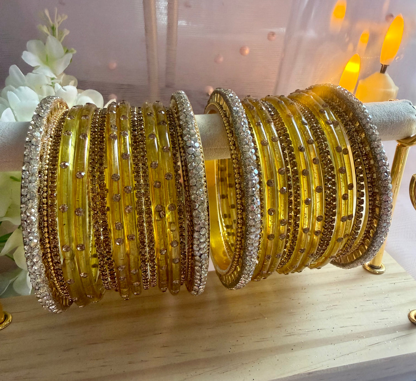 Gold Zirconia Glass Bangles Set