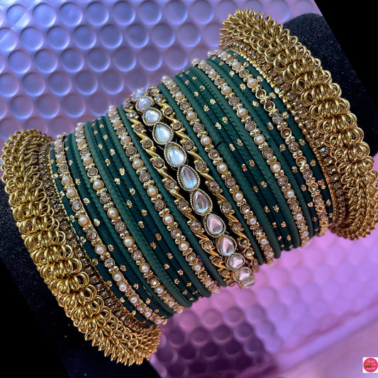 Kundan Gold Metal Bangles Sets- Green