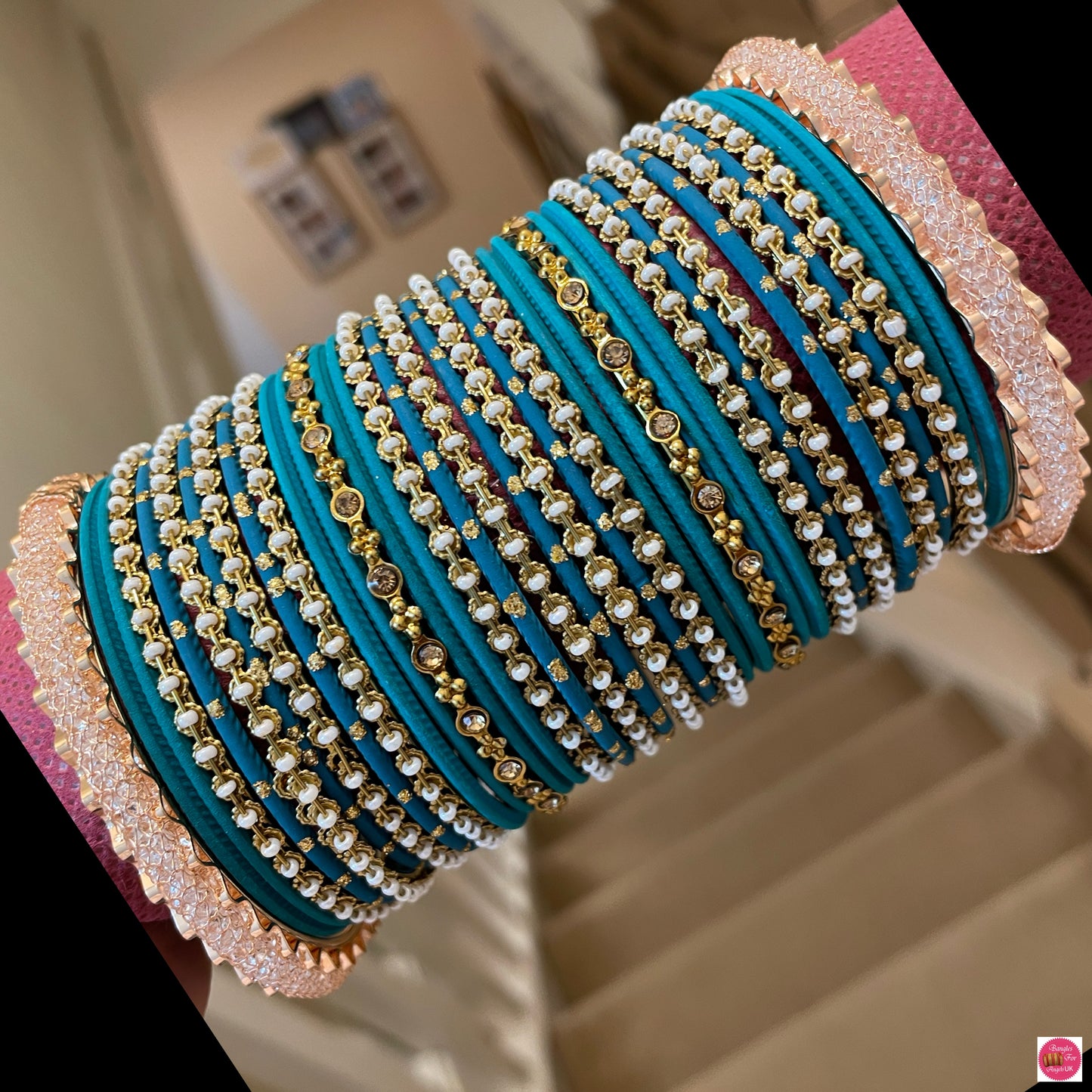 Gold Zirconia Pearl Metal Bangles Set- Teal/Turquoise