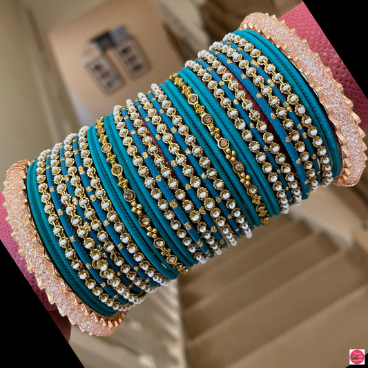 Gold Zirconia Pearl Metal Bangles Set- Teal/Turquoise