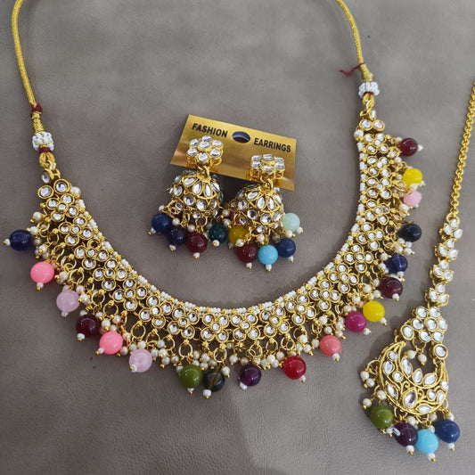 Kundan Multicoloured Choker, Earings & Maang Tikka Set