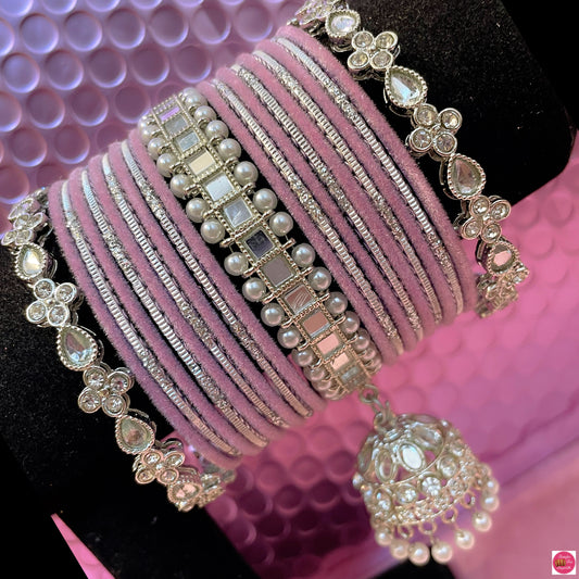 Silver Kundan Hanging Metal Bangles Set- Lilac