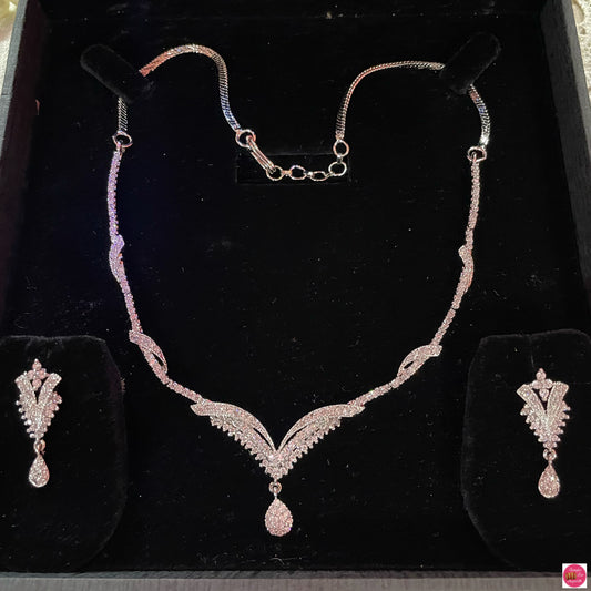 American Diamond Necklace & Earings Set- Silver/White