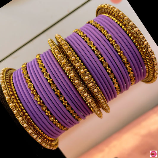 Gold Pearl Metal Bangles Set- Lilac/Lavender