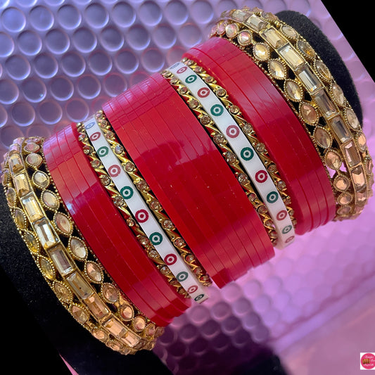 Kundan Bridal Punjabi Chura Bangles Set- Red