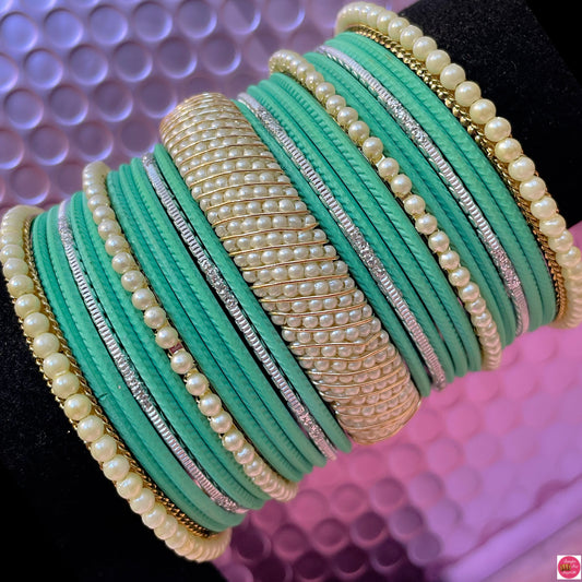 Pearl Metal Bangles Set- Mint Green