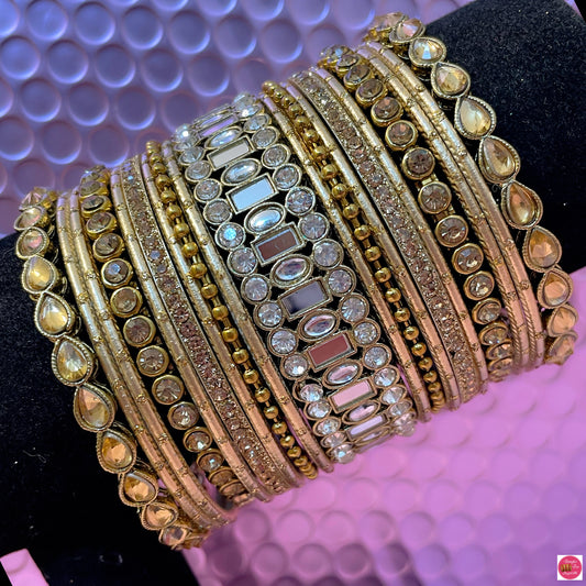 Kundan Metal Bangles Set- Gold