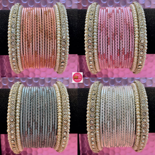 Silver Pearl Metal Bangles Sets Various Colours- Size 2.10