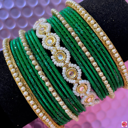 Pearl Metal Bangles Set- Green