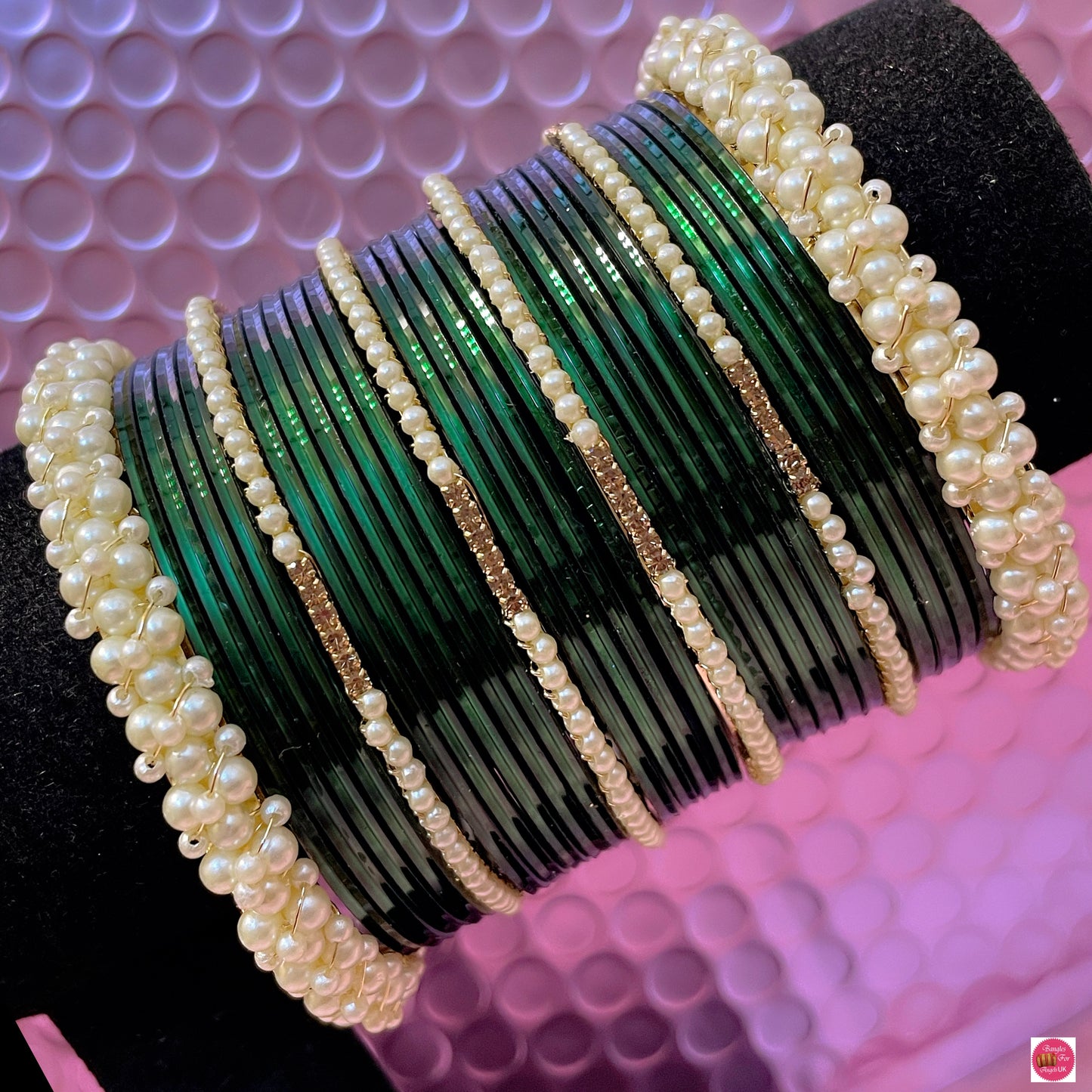 Pearl Metal Bangles Set- Green