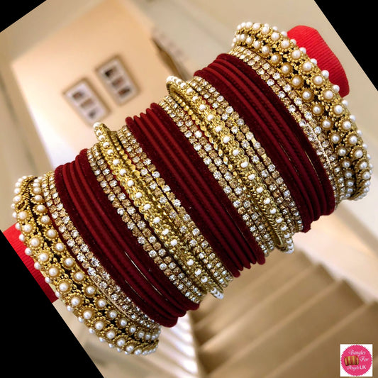 Pearl Zirconia Metal Bangles Set- Maroon