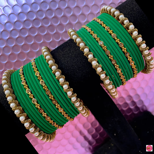 Pearl Metal Bangles Set- Jade Green