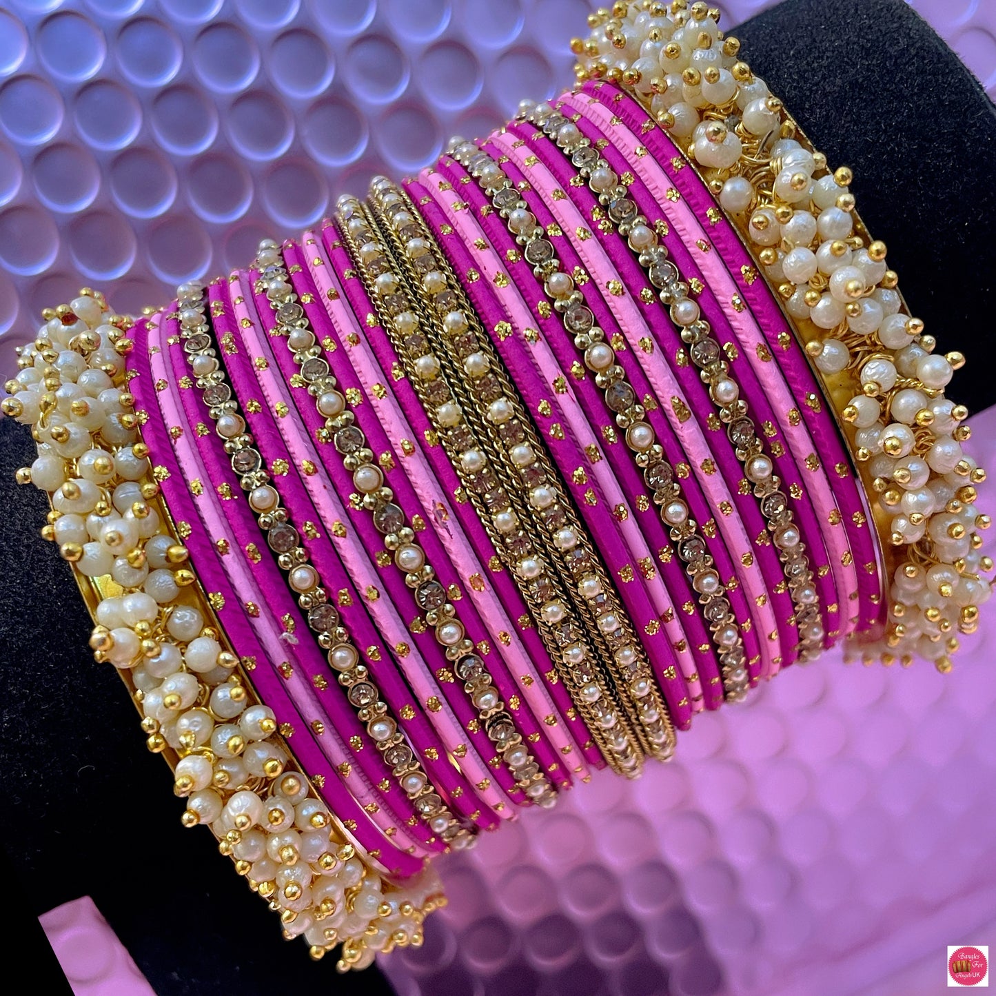 Pearl Metal Bangles Set- Pinks