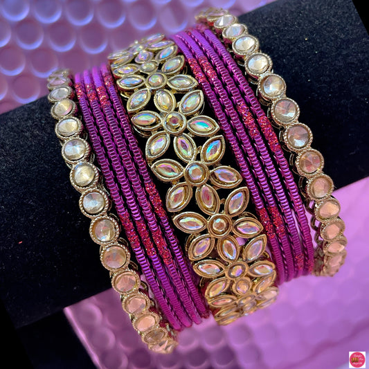 Kundan Metal Bangles Set- Mauve