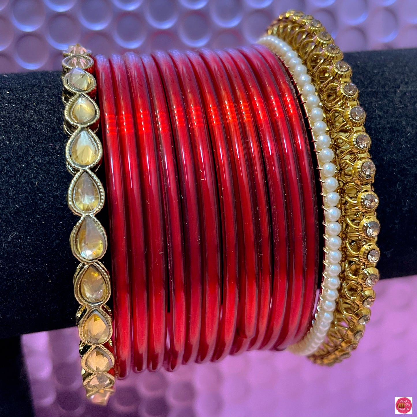 Kundan Pearl Glass Bangles Set- Red