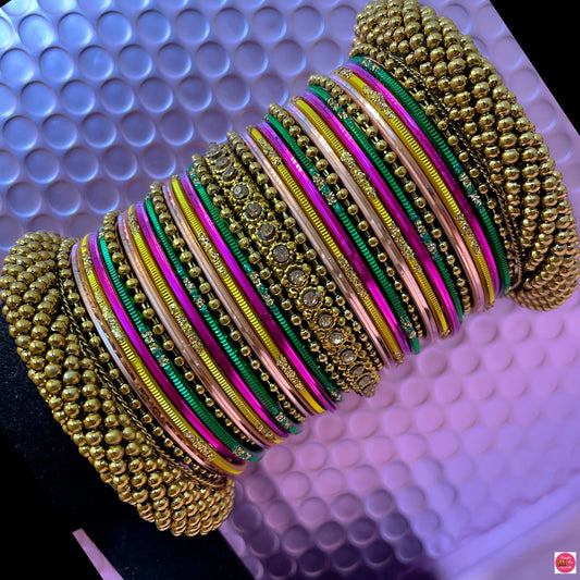 Gold Multicoloured Metal Bangles Set