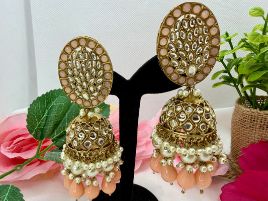 Kundan Pearl Peachy Jhumkas