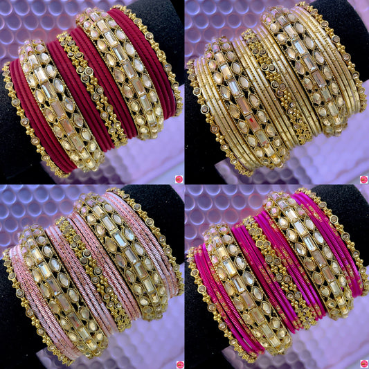 Kundan Metal Bangles Set- Various Colours