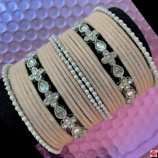 Silver Kundan Pearl Metal Bangles Set- Peach