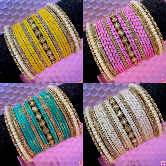 Kundan Pearl Metal Bangles Set- Various Colours