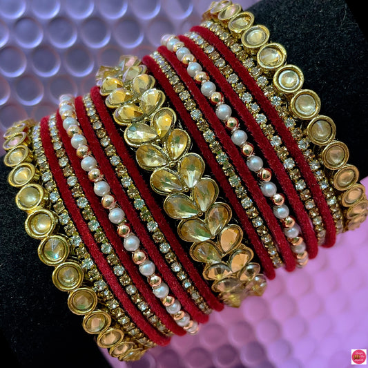 Kundan Pearl Zirconia Metal Bangles Set- Maroon