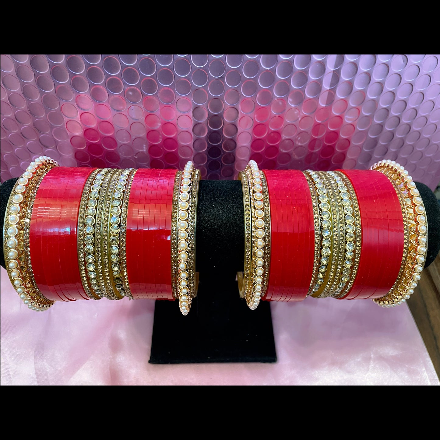 Mirror Pearl Punjabi Chura Bangles Set- Red