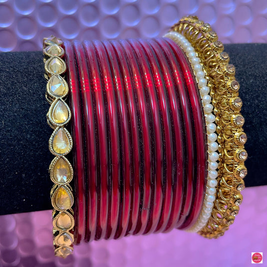 Kundan Pearl Glass Bangles Set- Maroon