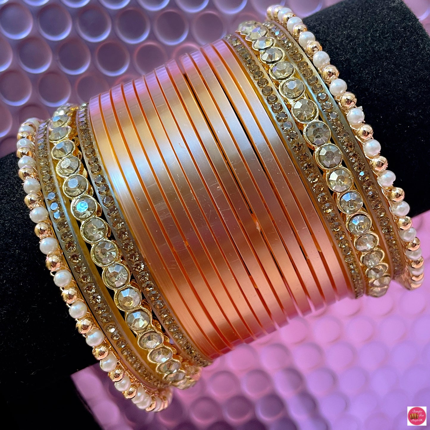 Gold Pearl Chura Bangles Set- Rose Gold/Peach