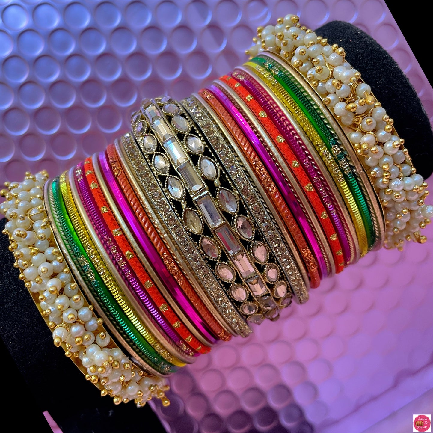 Kundan Pearl Multicoloured Mehendi Metal Bangles Set