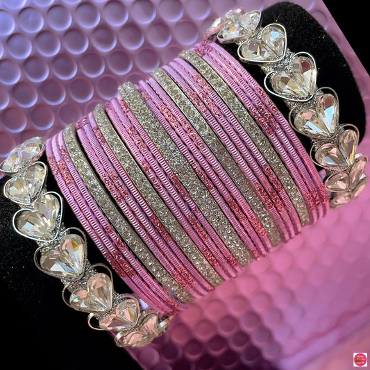 Silver Heart Zirconia Metal Bangles Set- Lilac