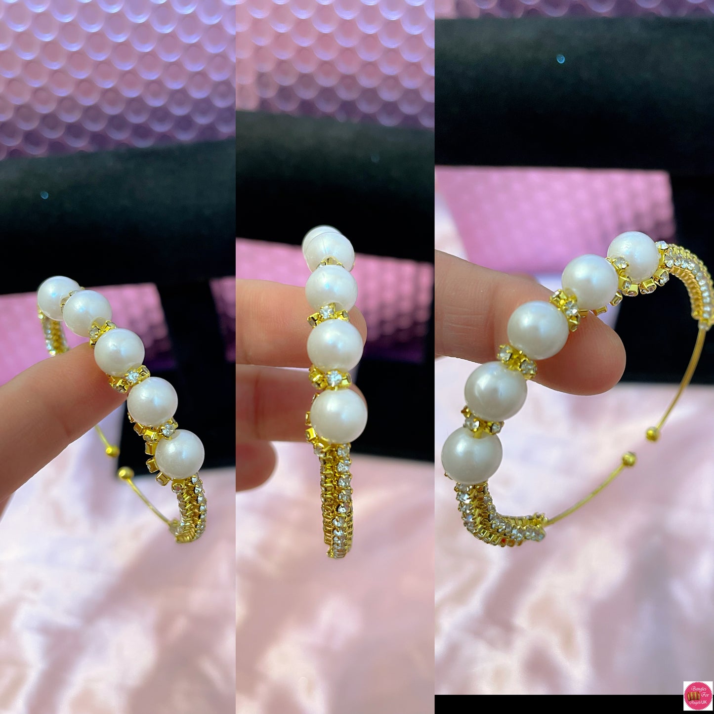 Gold Pearl Zirconia Open Adjustable Bracelet