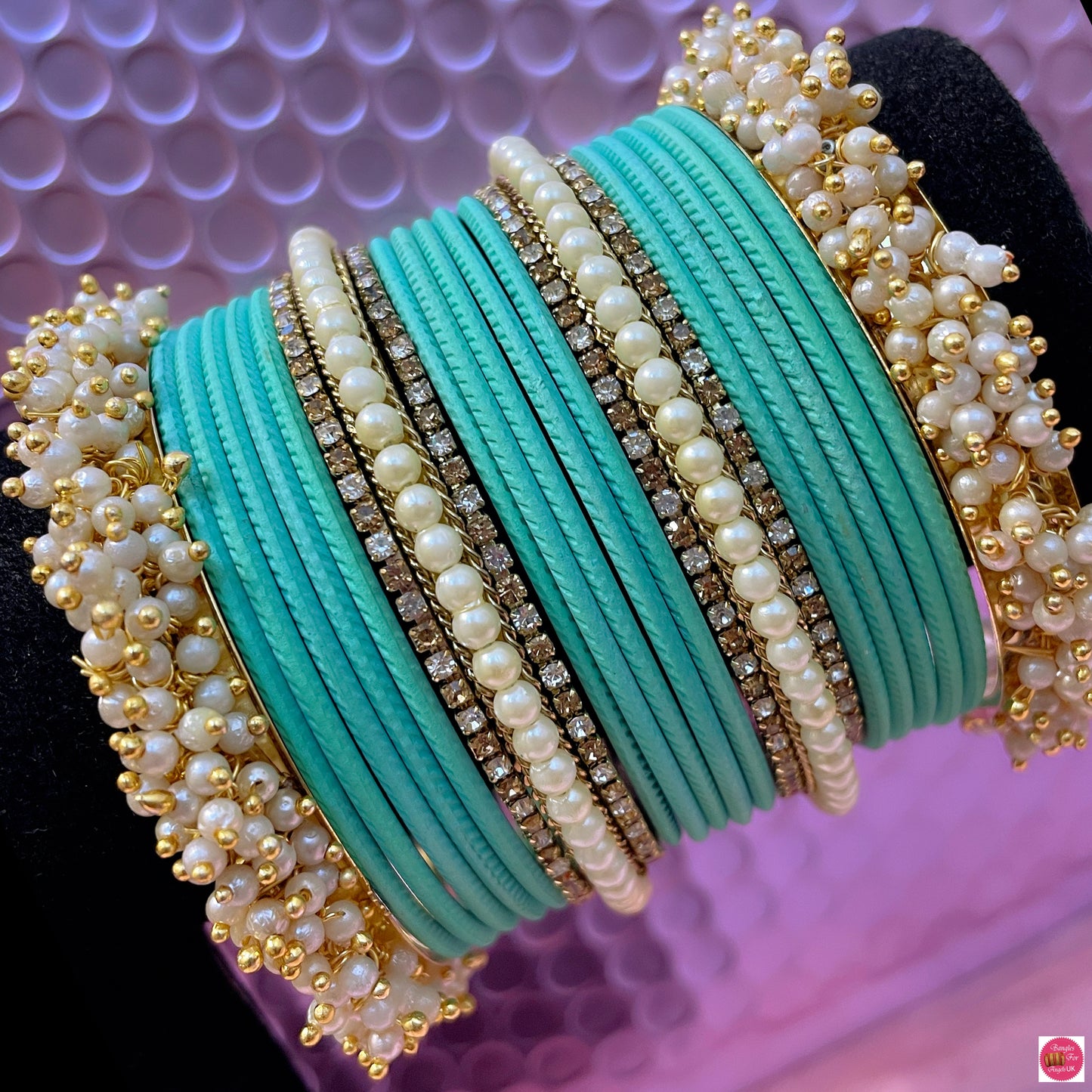 Pearl Metal Bangles Set- Mint Green